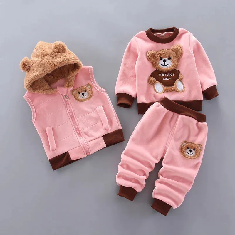Thick Warm Fleece 3PCs Set - Hooded Sweater Cartoon Bear Pants & Vest