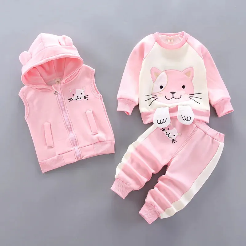 Thick Warm Fleece 3PCs Set - Hooded Sweater Cartoon Bear Pants & Vest
