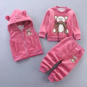 Thick Warm Fleece 3PCs Set - Hooded Sweater Cartoon Bear Pants & Vest
