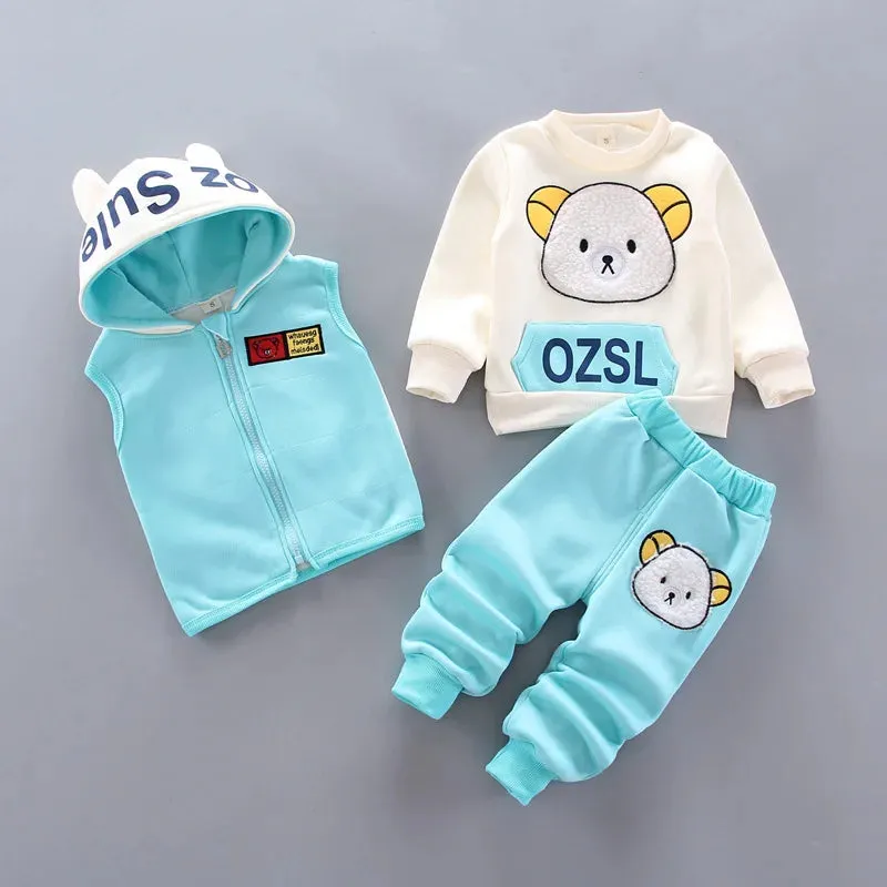 Thick Warm Fleece 3PCs Set - Hooded Sweater Cartoon Bear Pants & Vest