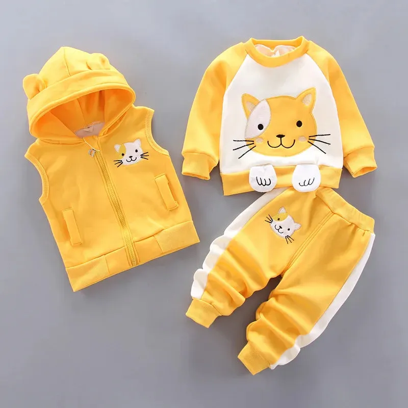 Thick Warm Fleece 3PCs Set - Hooded Sweater Cartoon Bear Pants & Vest