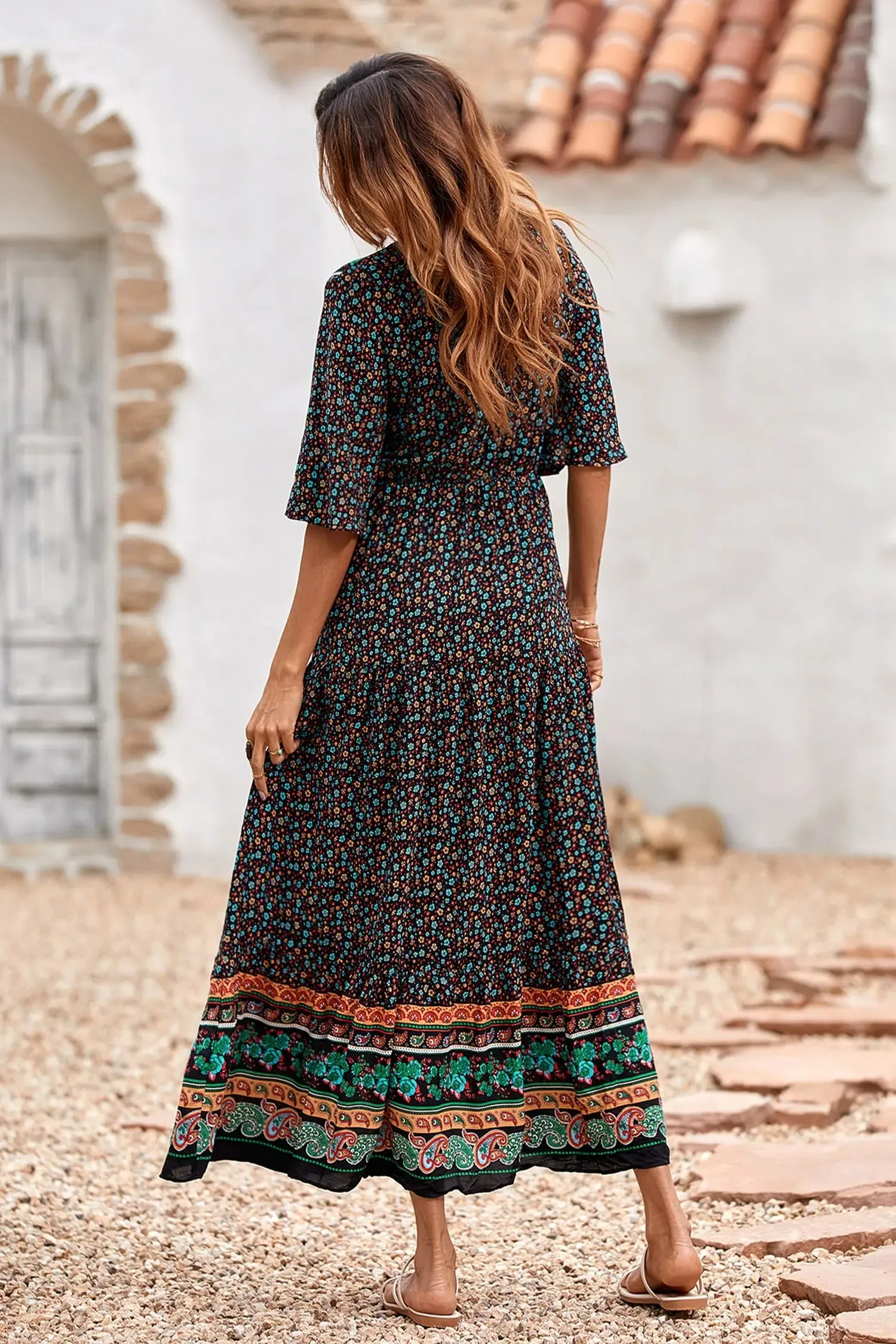 V Neck Summer Boho High Waist Maxi Dresses