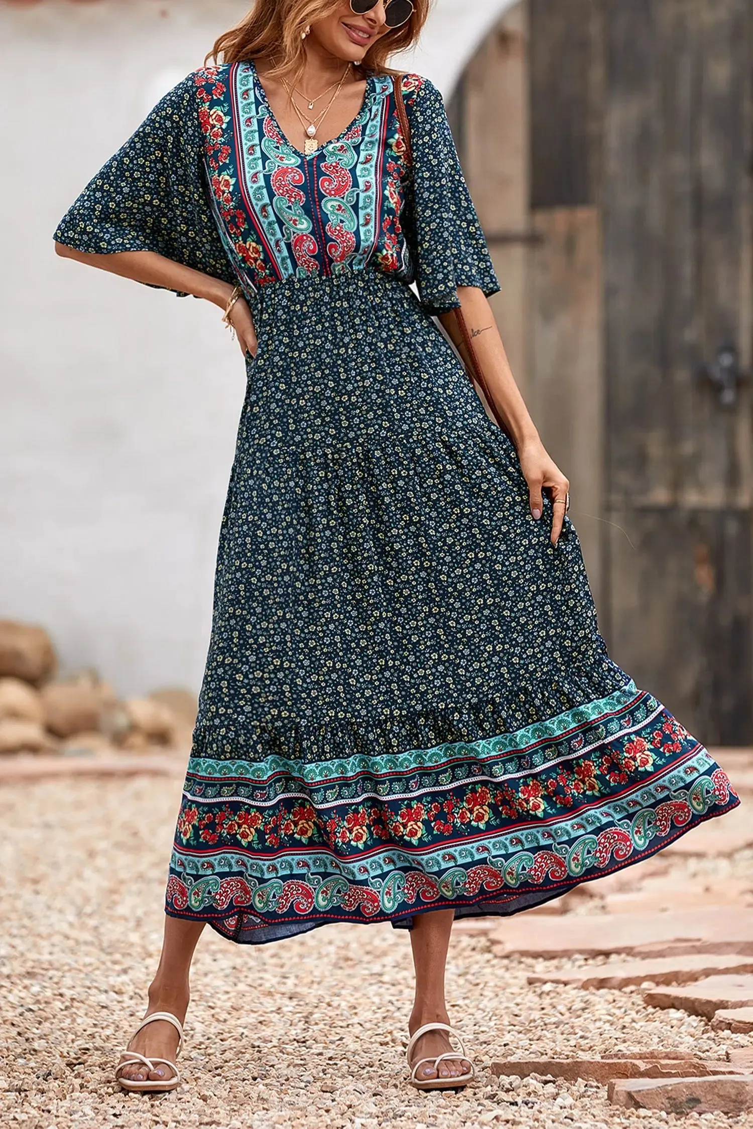 V Neck Summer Boho High Waist Maxi Dresses