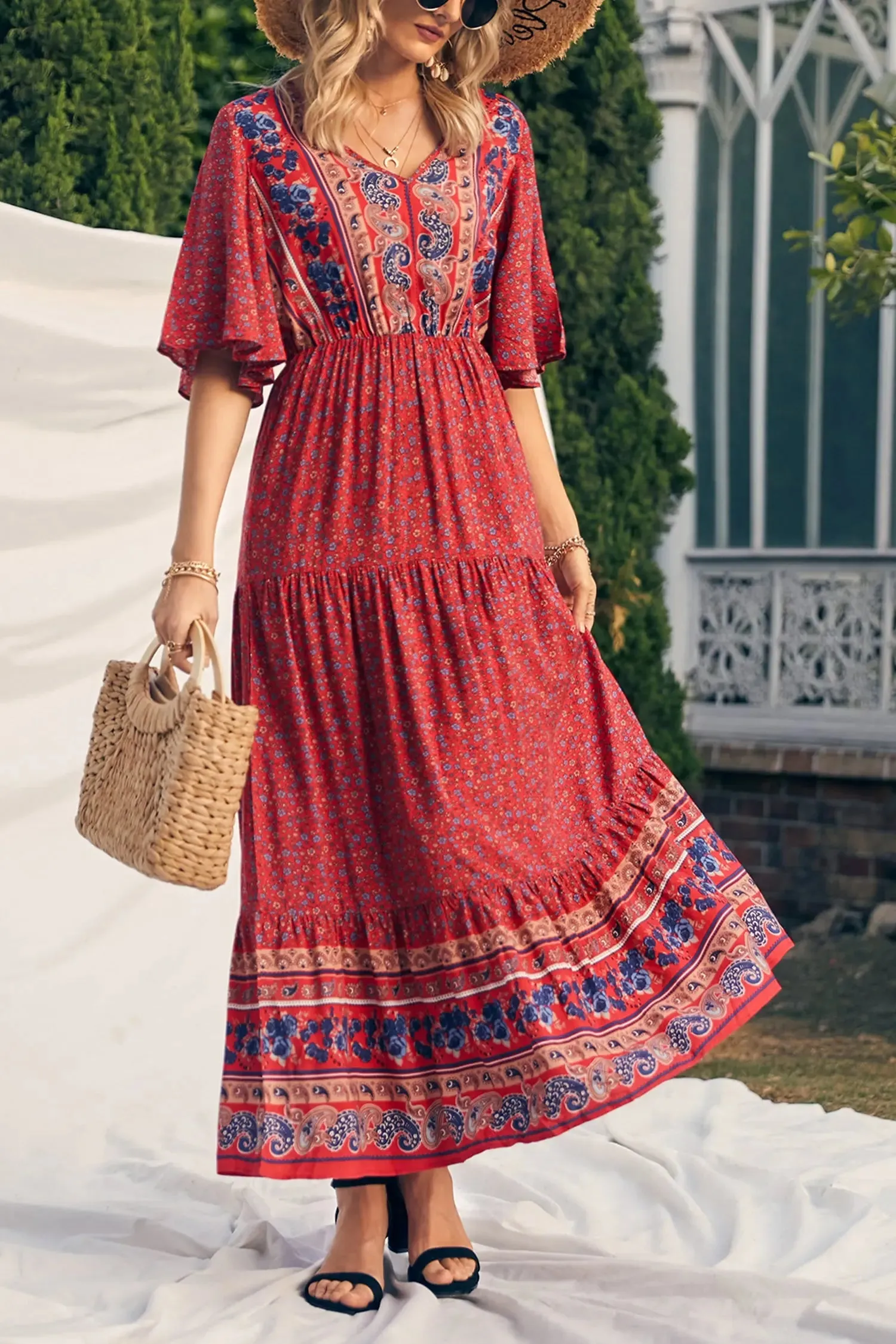 V Neck Summer Boho High Waist Maxi Dresses