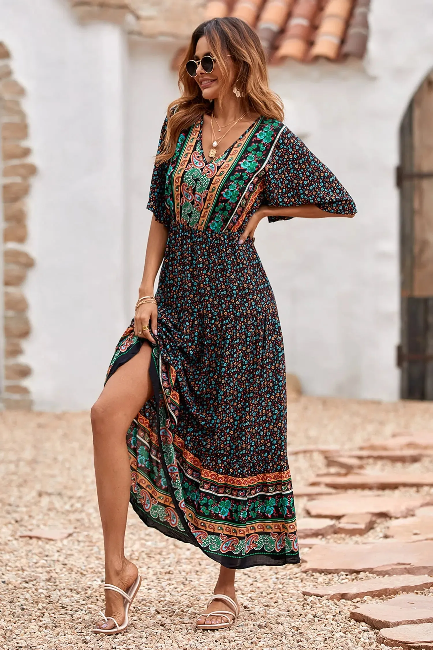 V Neck Summer Boho High Waist Maxi Dresses