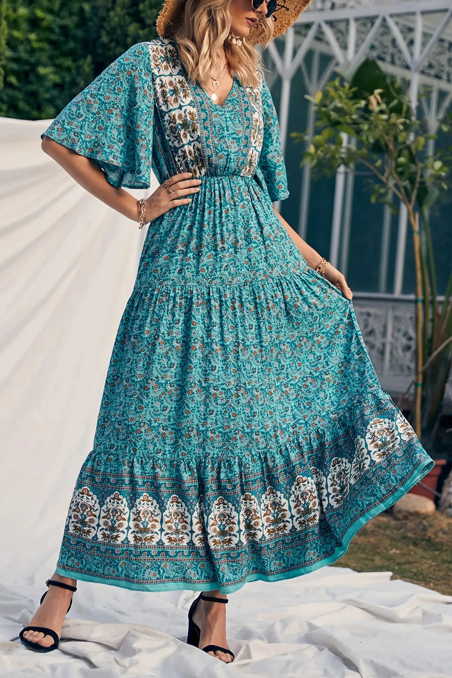 V Neck Summer Boho High Waist Maxi Dresses