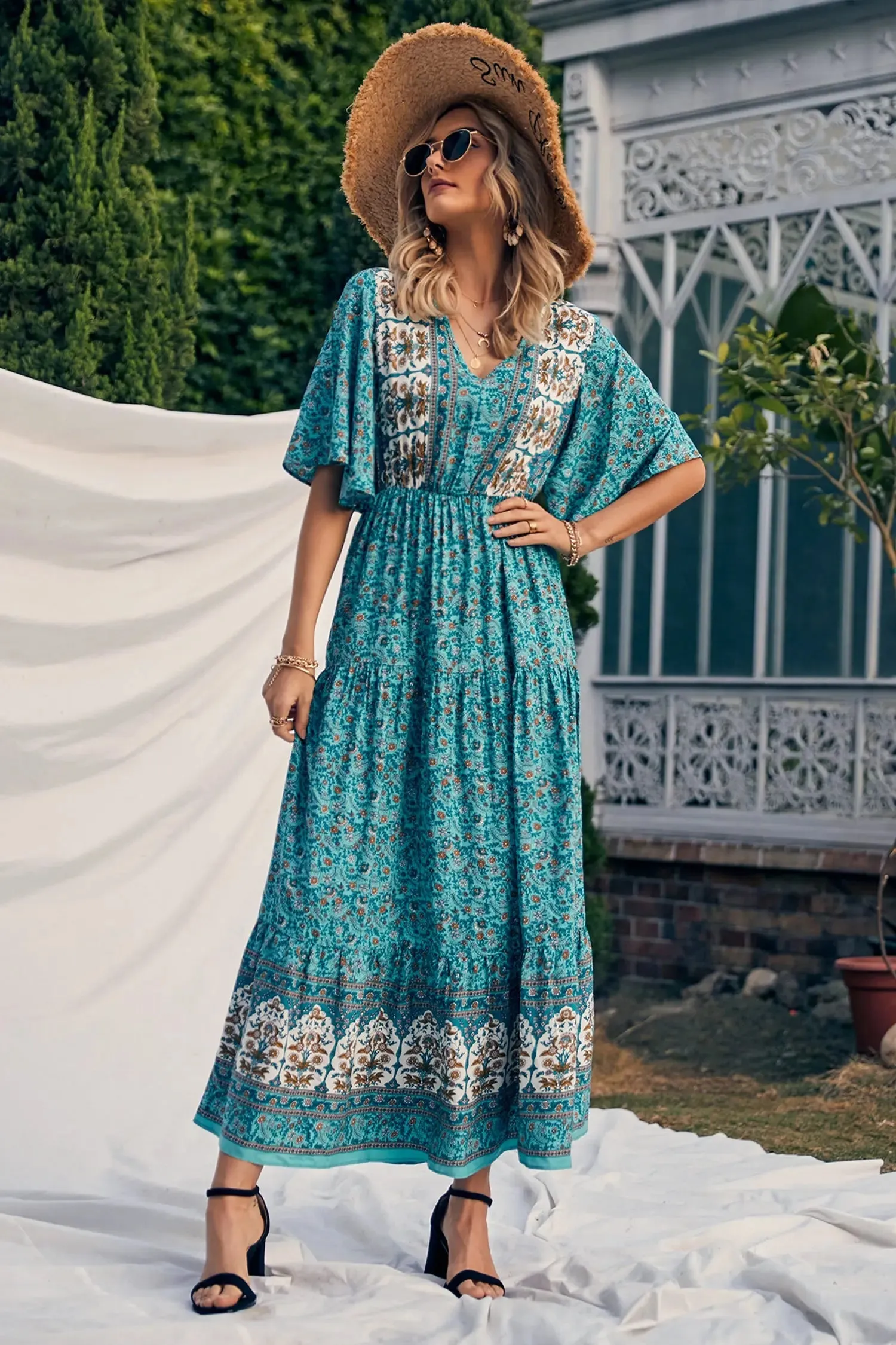 V Neck Summer Boho High Waist Maxi Dresses