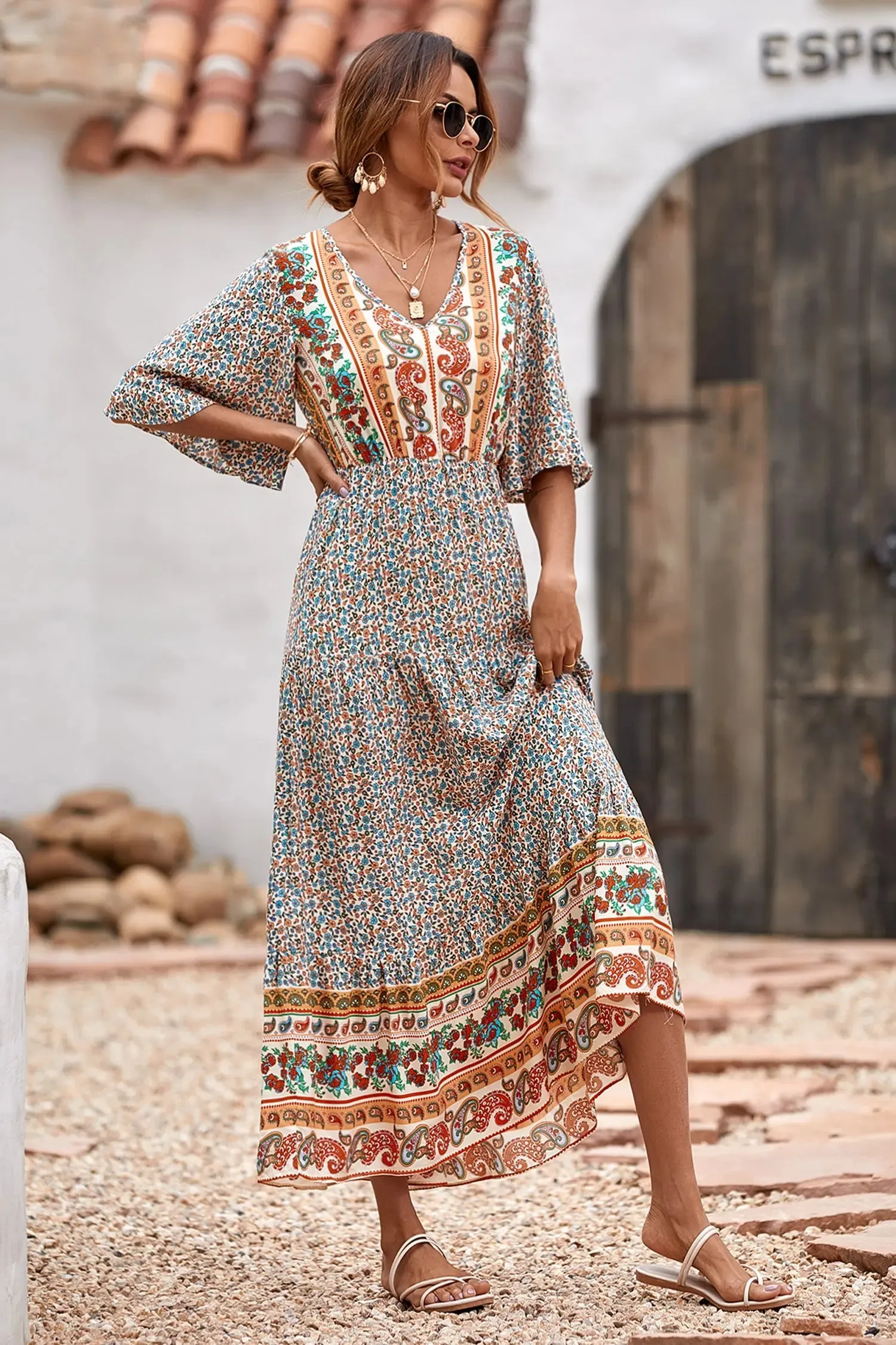 V Neck Summer Boho High Waist Maxi Dresses