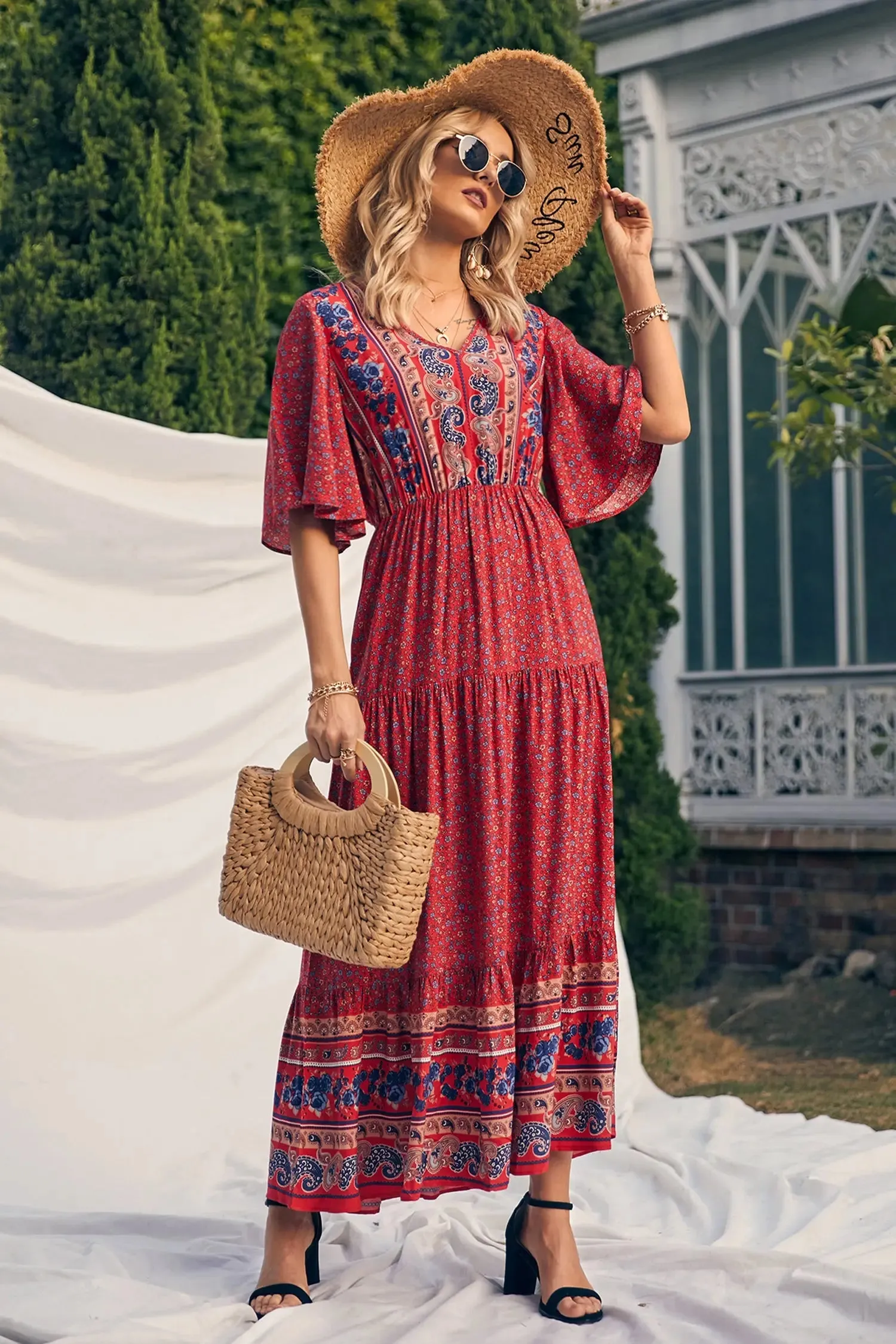 V Neck Summer Boho High Waist Maxi Dresses