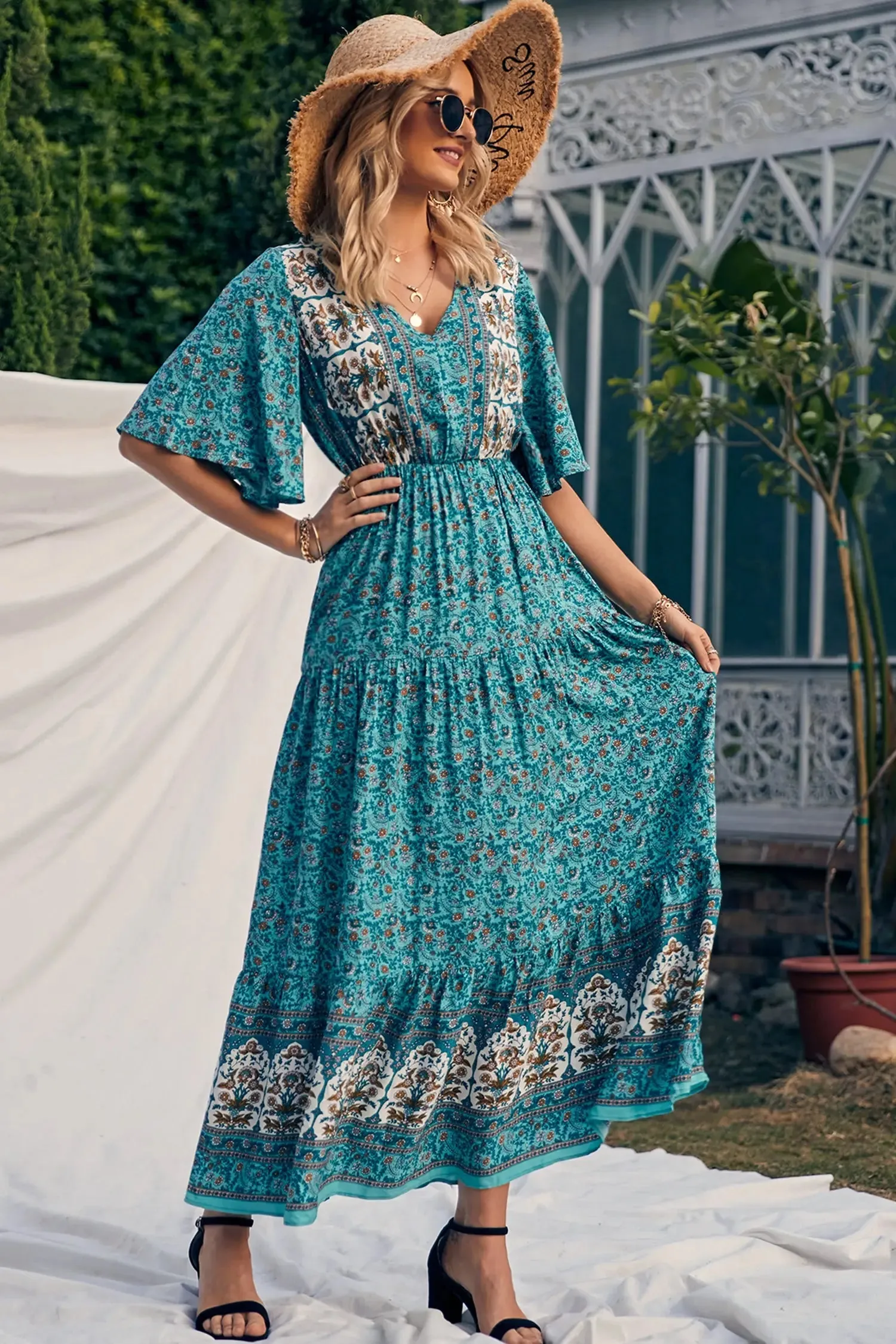 V Neck Summer Boho High Waist Maxi Dresses