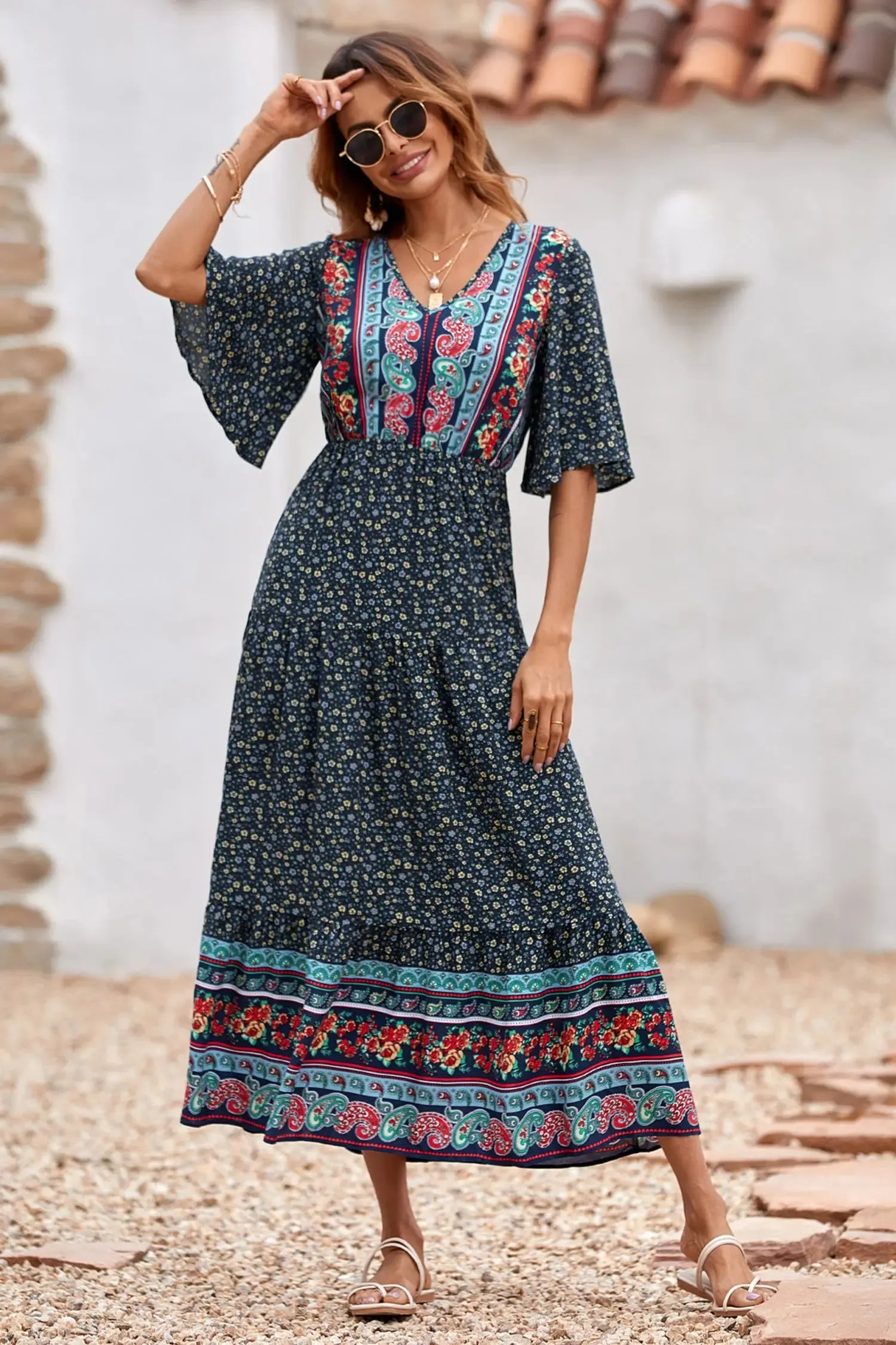 V Neck Summer Boho High Waist Maxi Dresses