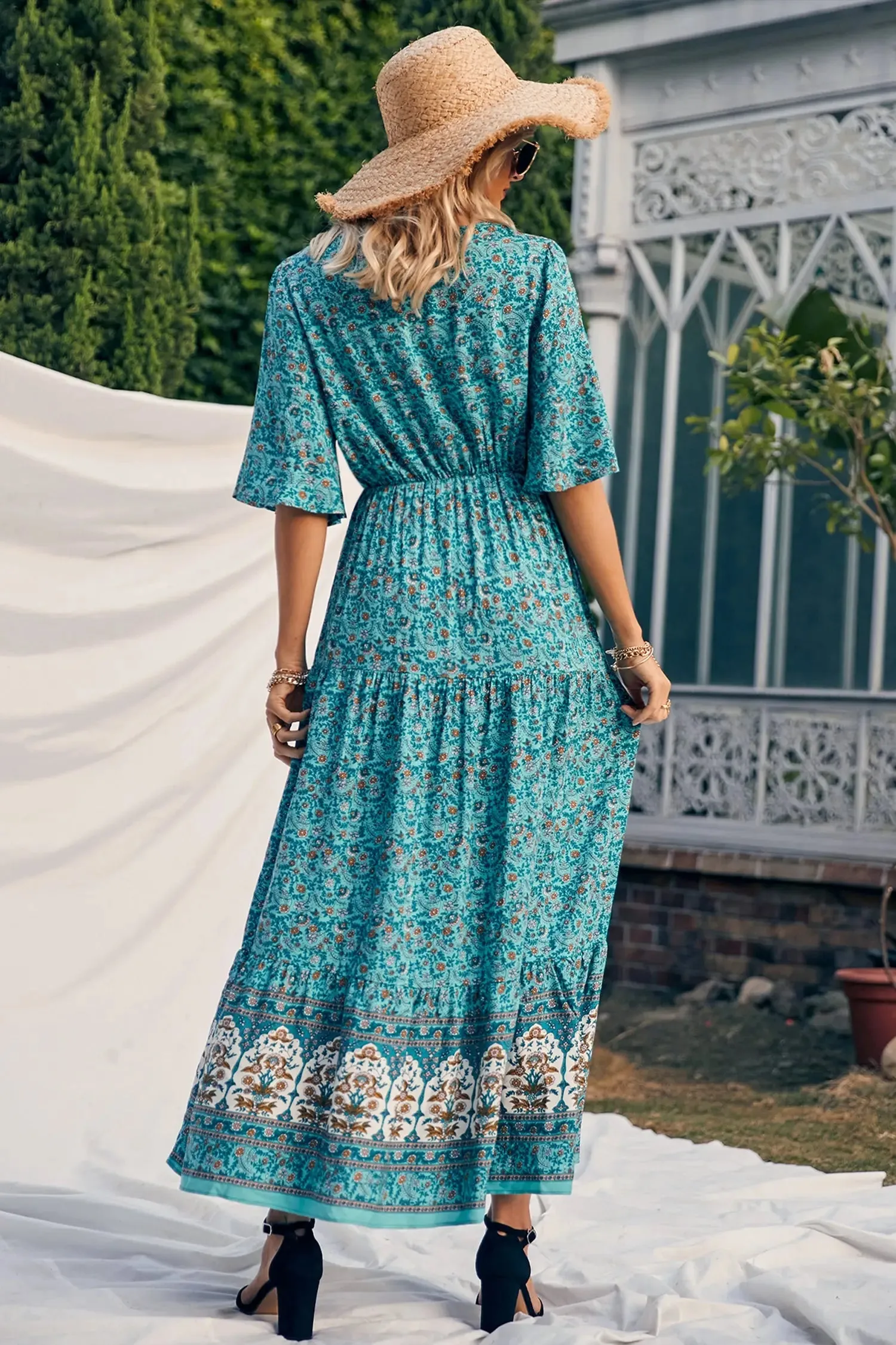 V Neck Summer Boho High Waist Maxi Dresses