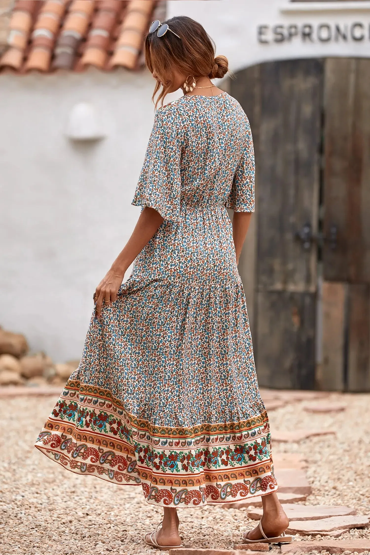 V Neck Summer Boho High Waist Maxi Dresses