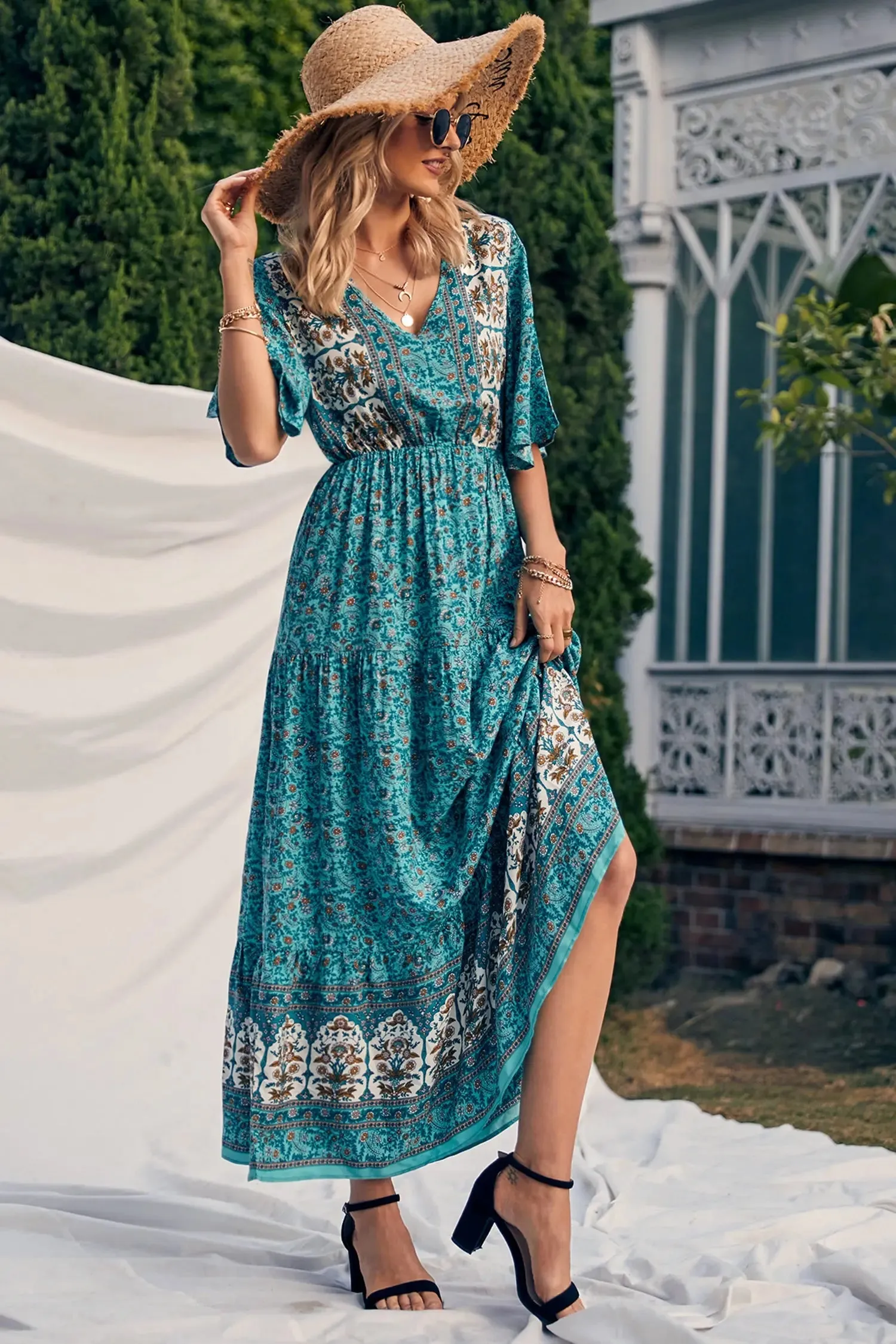 V Neck Summer Boho High Waist Maxi Dresses