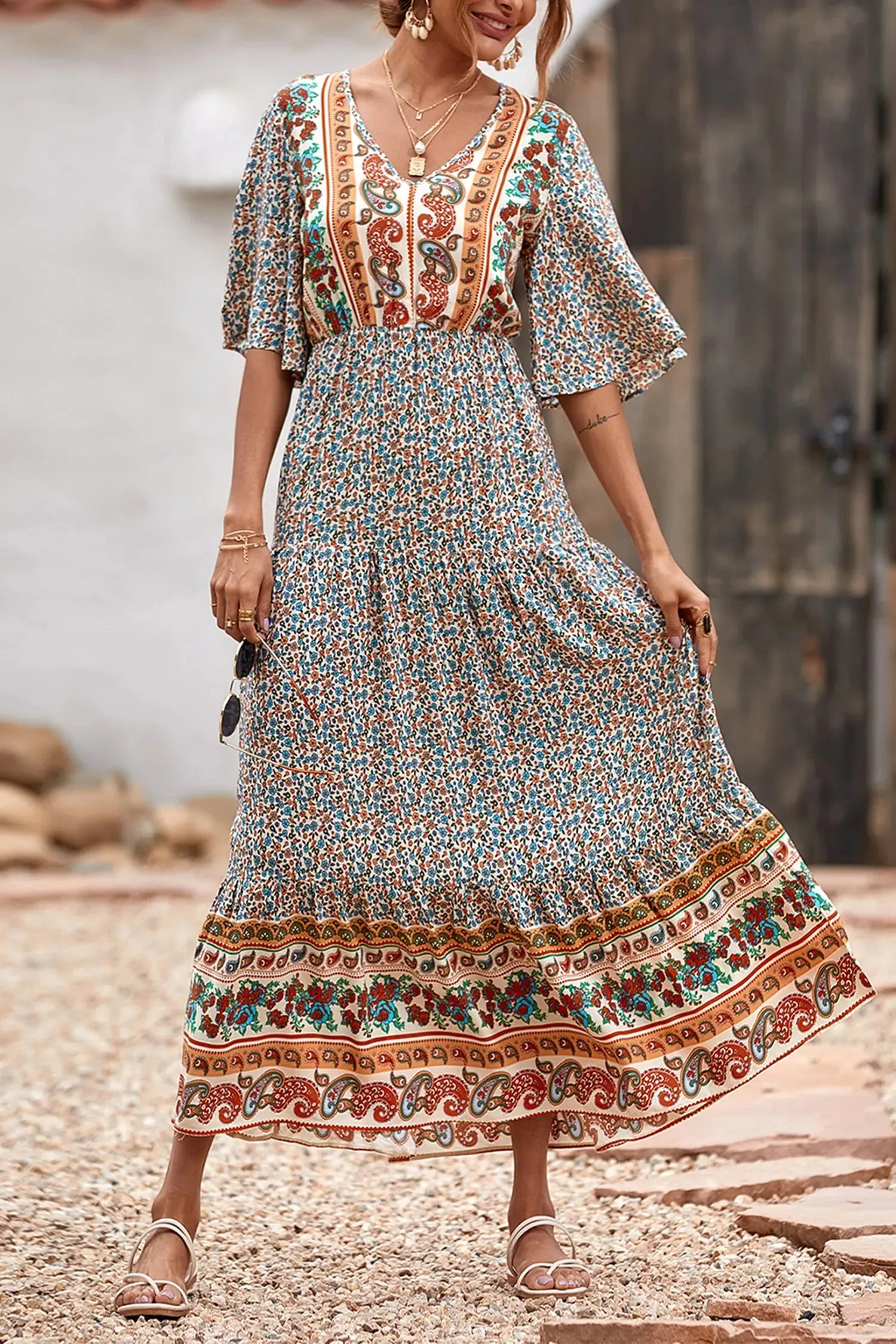 V Neck Summer Boho High Waist Maxi Dresses