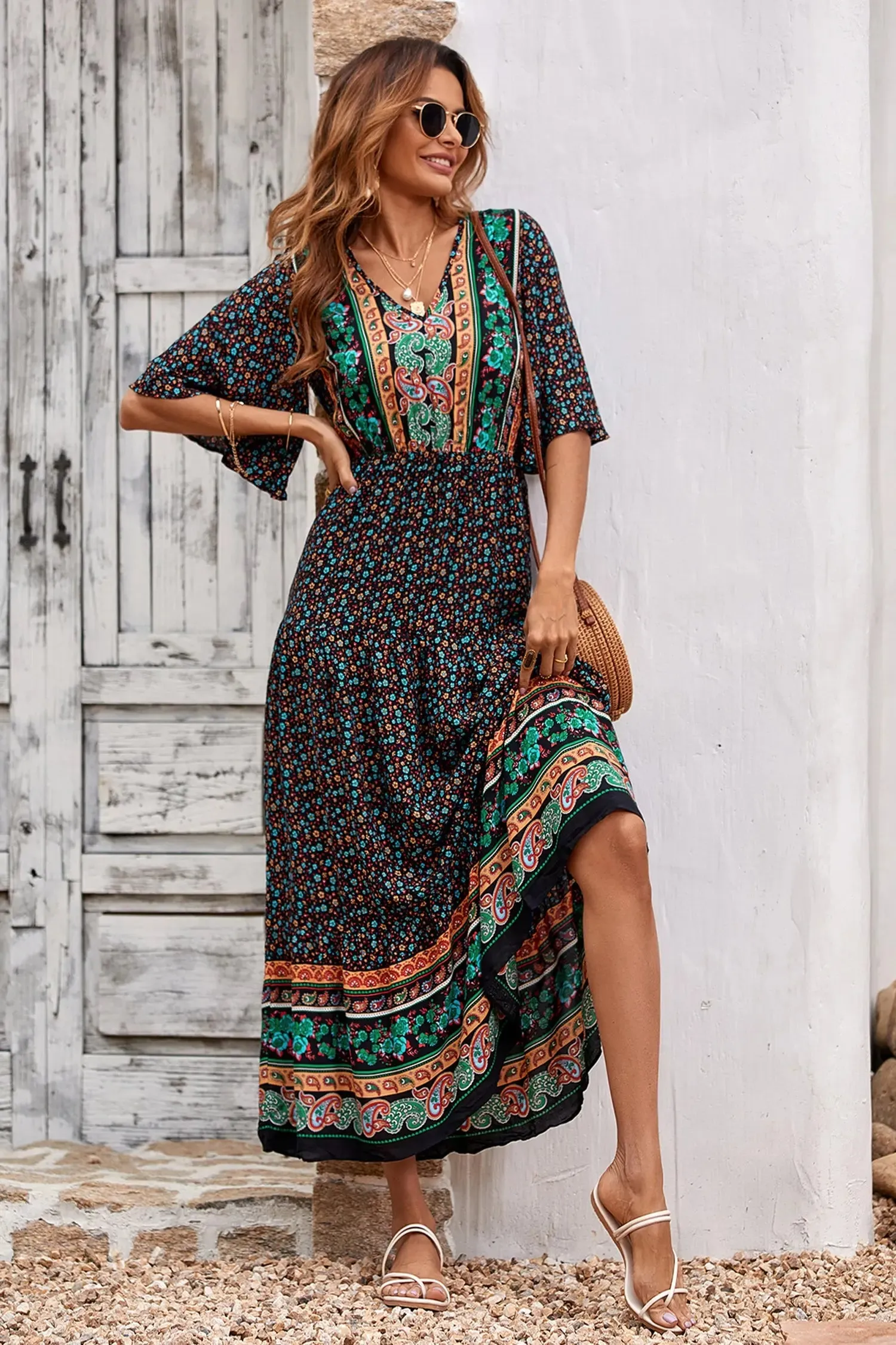 V Neck Summer Boho High Waist Maxi Dresses