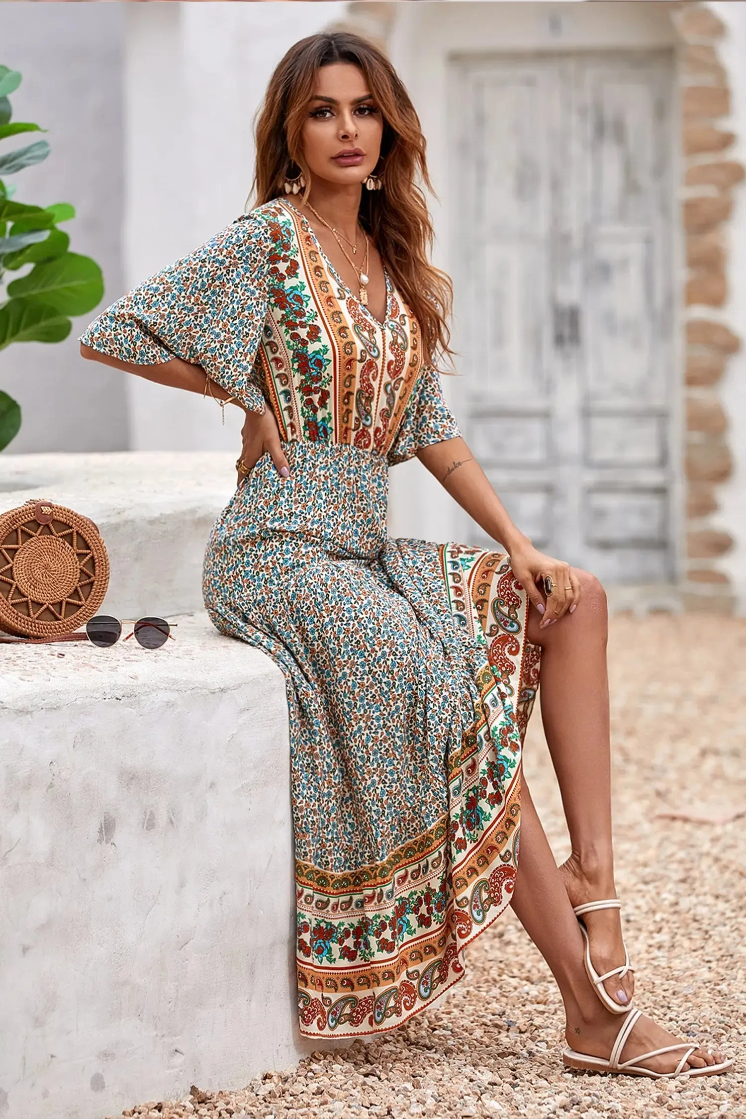 V Neck Summer Boho High Waist Maxi Dresses