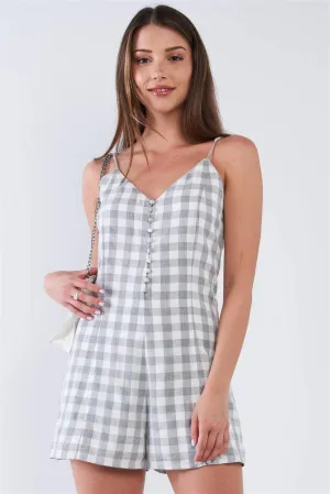 White and Grey Checkered V-Neck Sleeveless Midway Button Down Romper