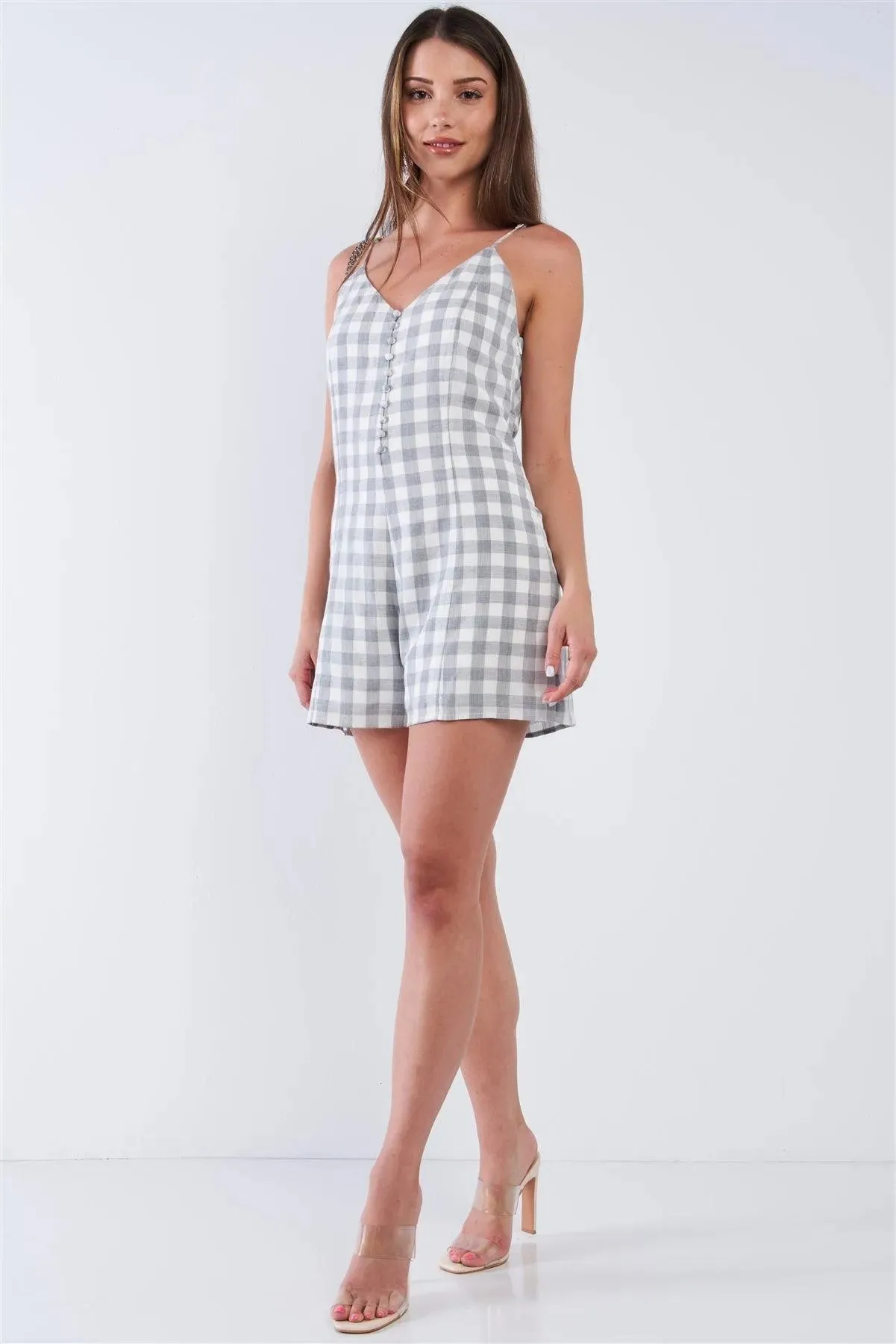 White and Grey Checkered V-Neck Sleeveless Midway Button Down Romper