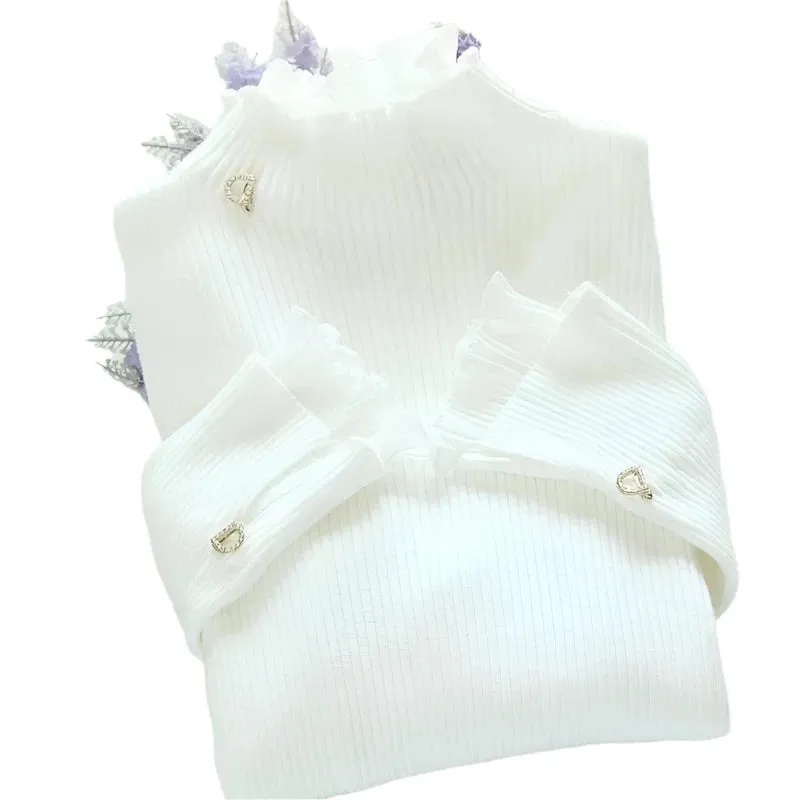 Women's Autumn Winter Mock Neck Sweater - Vintage Solid Knitted Pullover, Casual Slim Fit Korean Jumper