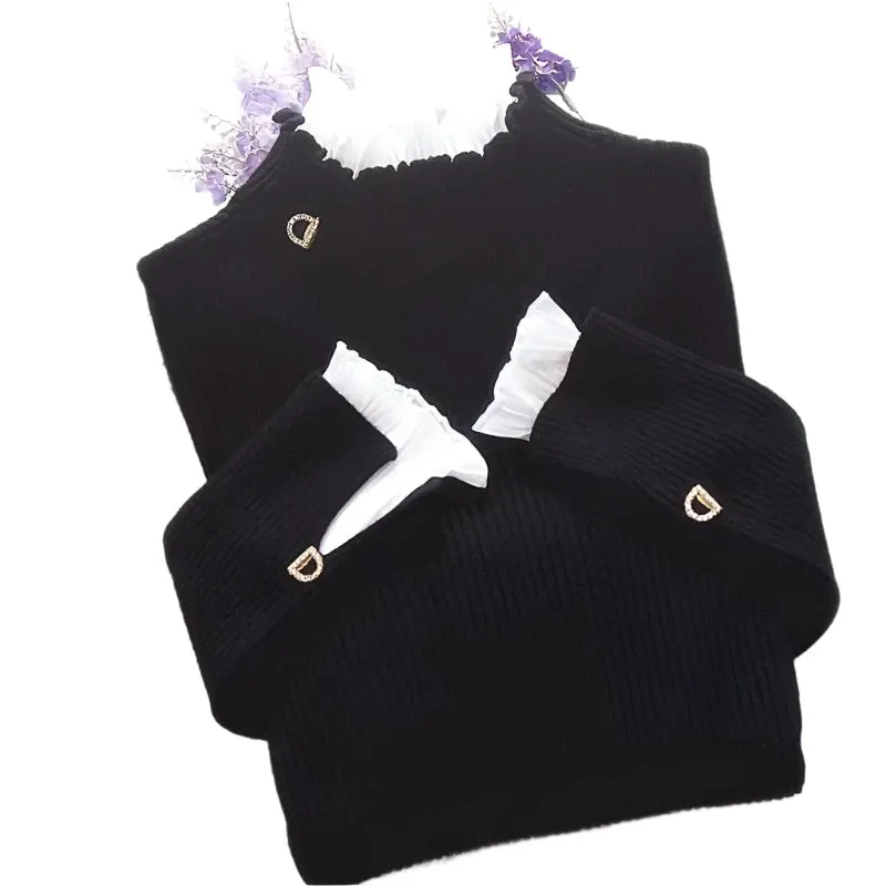 Women's Autumn Winter Mock Neck Sweater - Vintage Solid Knitted Pullover, Casual Slim Fit Korean Jumper