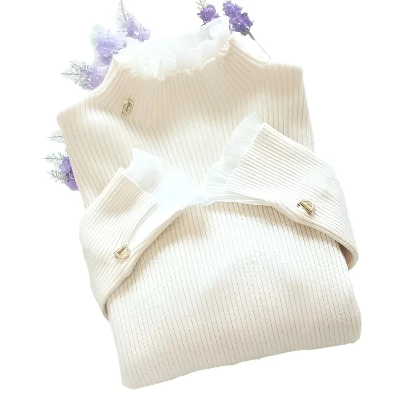 Women's Autumn Winter Mock Neck Sweater - Vintage Solid Knitted Pullover, Casual Slim Fit Korean Jumper