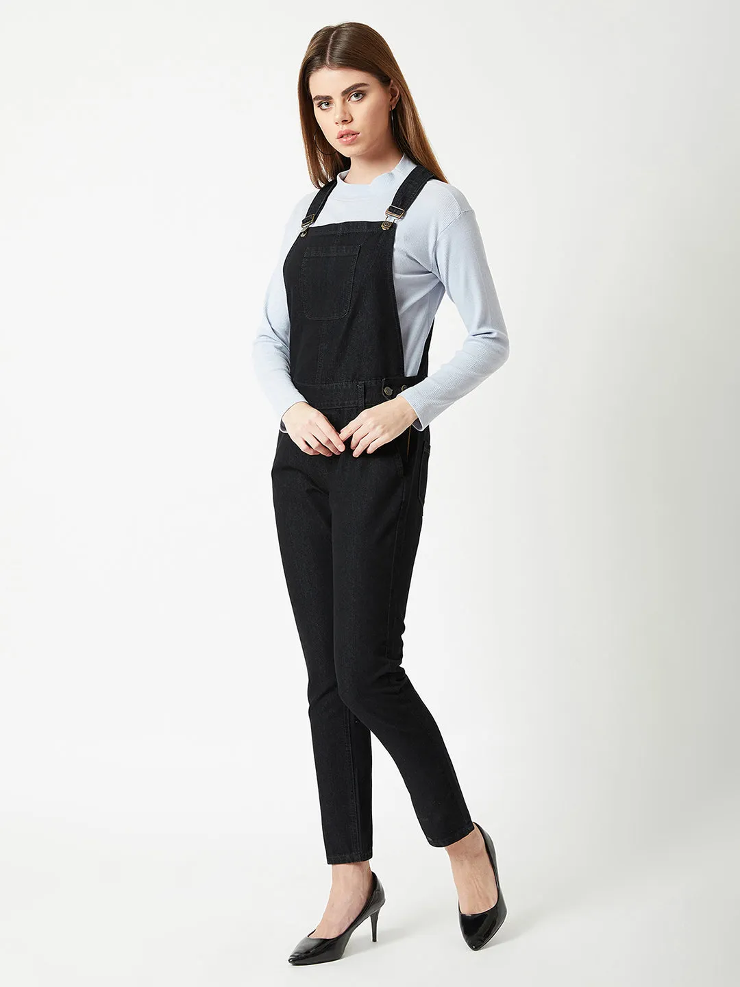 Women's Black High Rise Stretchable Skinny Denim Dungaree