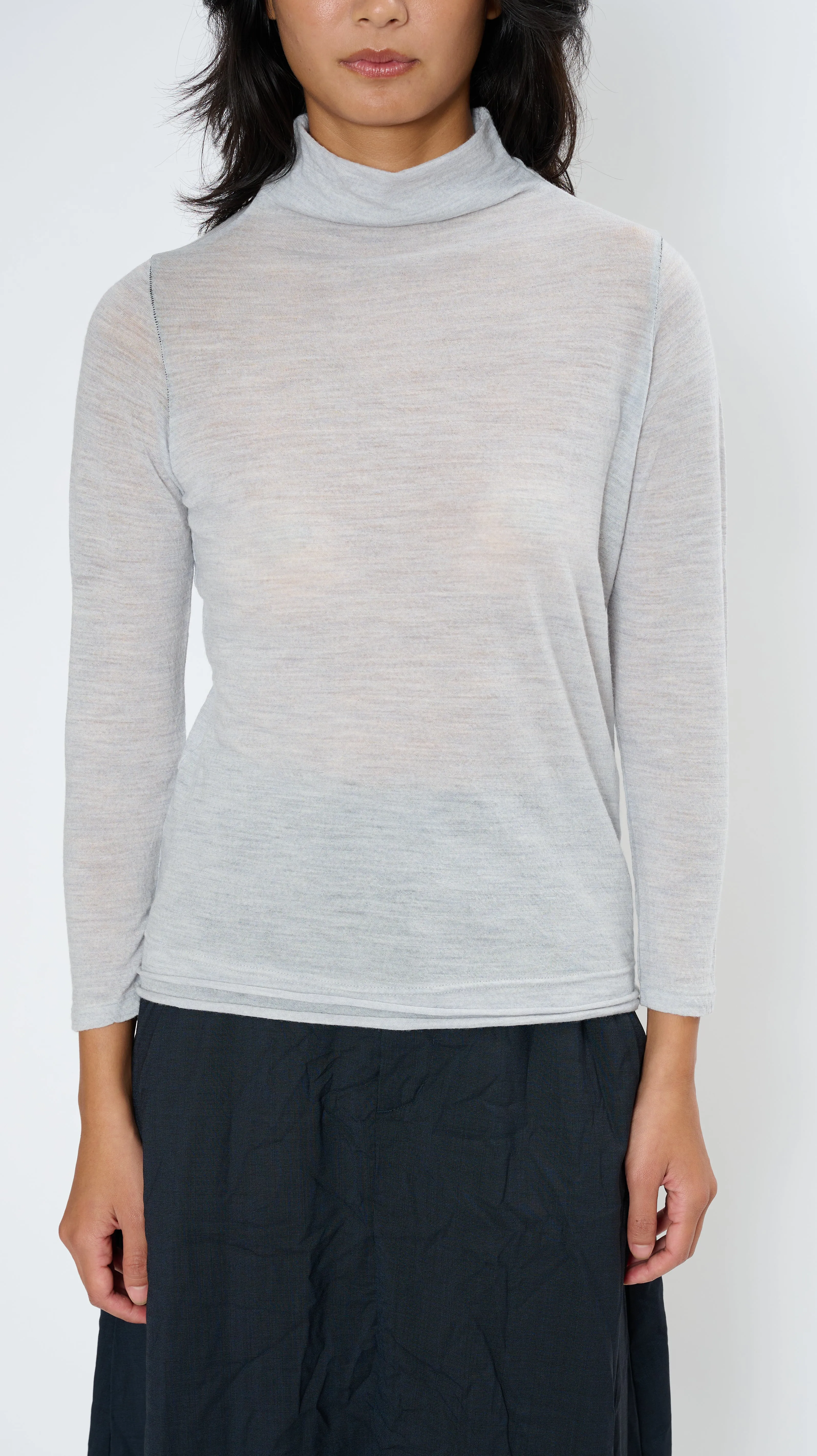 Wool Gauze Turtleneck Jersey Pullover in Heather Grey